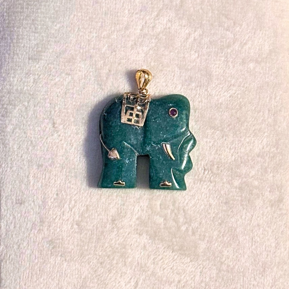Tested 14k Emerald And Ruby Elephant Pendant - image 1